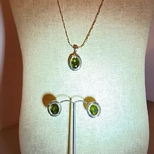 Silvertone and Peridot Necklace and Earring Set